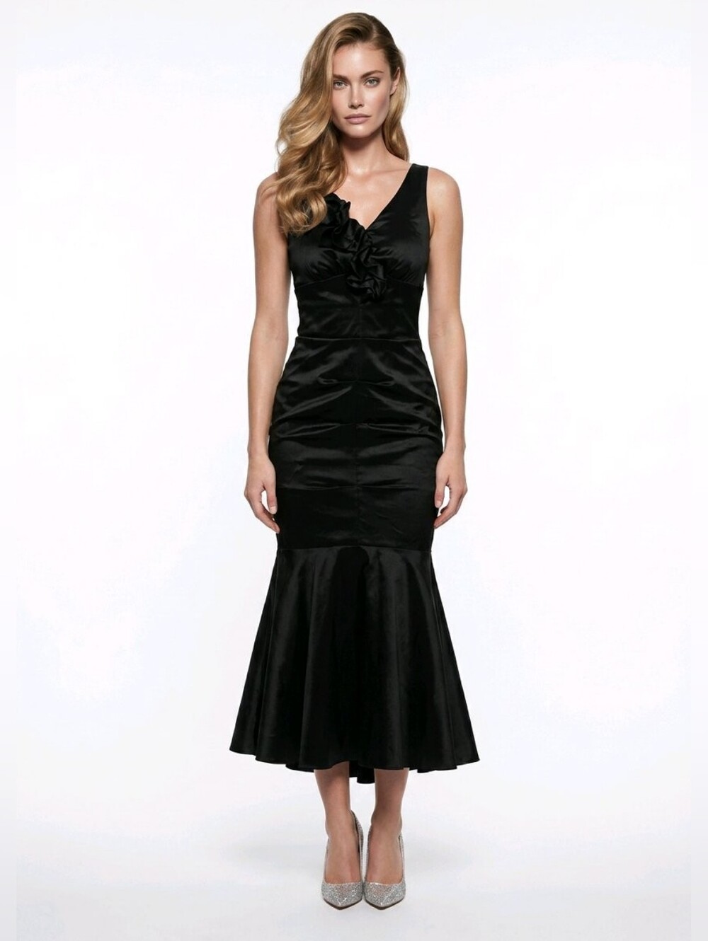 Black Taffeta Gala Evening Dress Mermaid Formal Gown V-Neck Ruffle Strap S